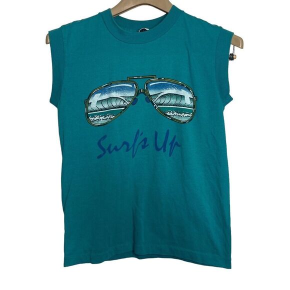 Vtg 90s Surfs Up Teal Sunglasses Tank Youth L 16/18 - Picture 1 of 7